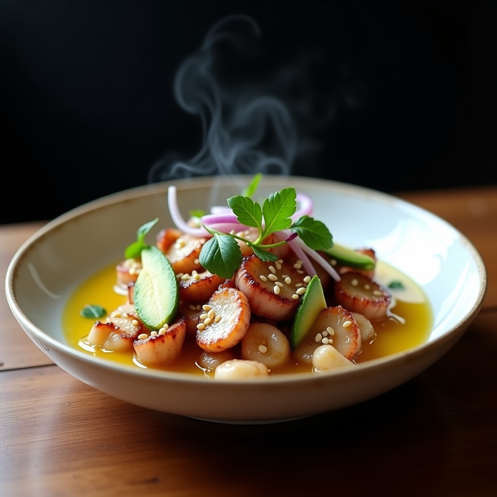 Plato hondo de cerámica blanca con cebiche de pulpo asado al miso, trozos de pulpo dorado bañados en salsa amarilla con semillas de sésamo, láminas de aguacate y cebolla morada, decorado con cilantro fresco.