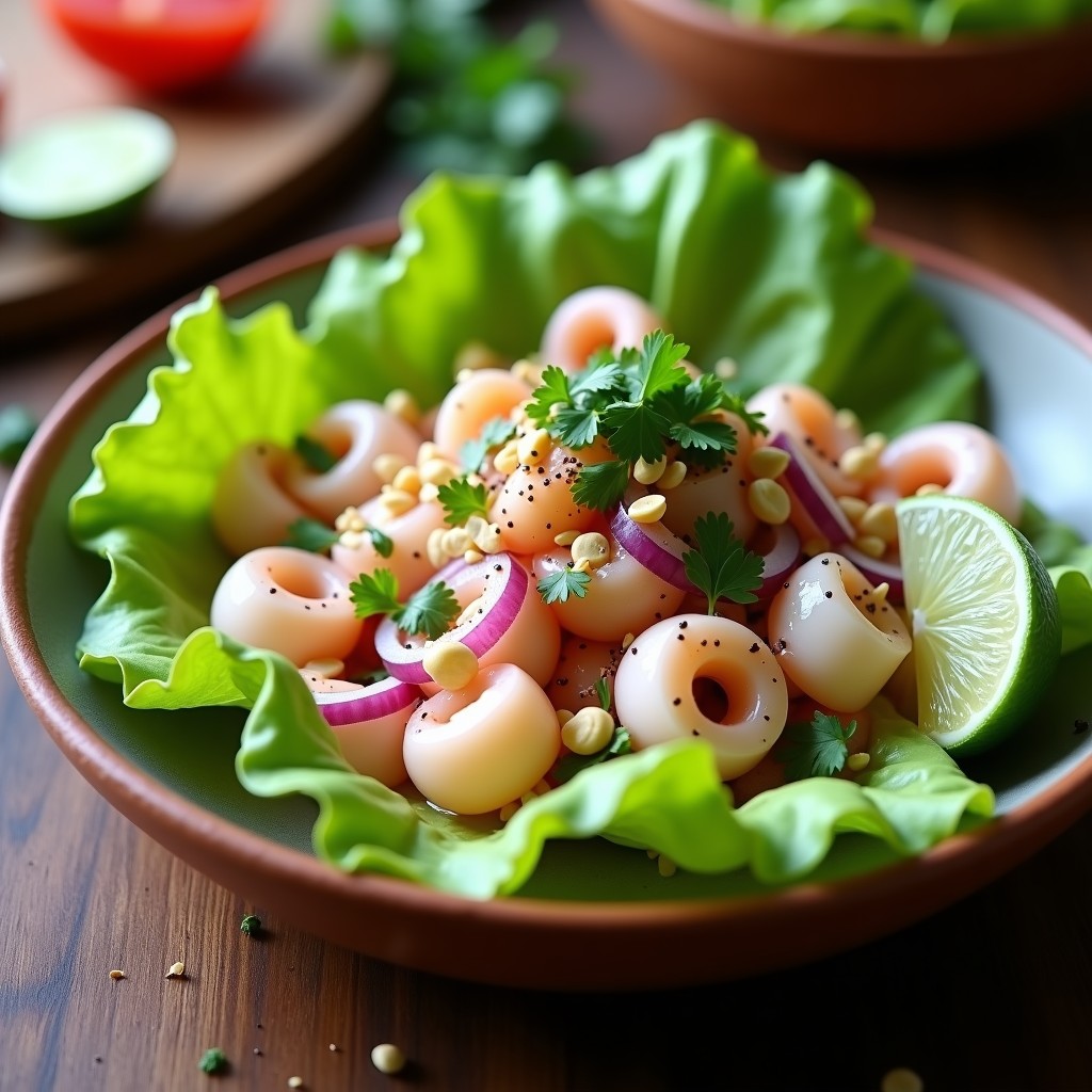 Plato de cebiche de pulpo en trozos con marinado cremoso de leche de coco, jengibre y hierba limón, decorado con cebolla morada, cilantro y maní tostado sobre hojas de lechuga, receta fusion peruana-thai.