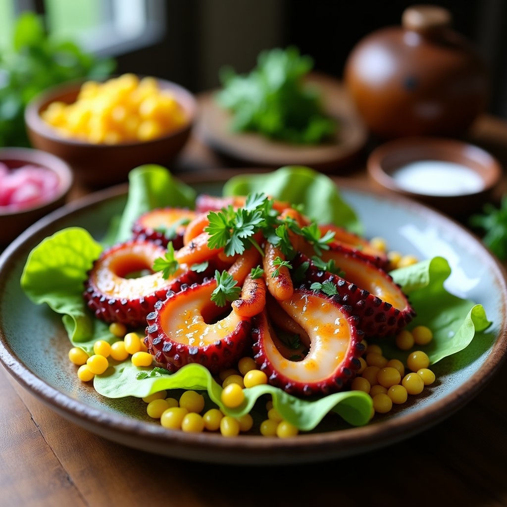 Plato de cebiche de pulpo peruano en airfryer, con trozos tiernos de pulpo marinados en limón, cebolla roja, culantro y ají, servido sobre hojas de lechuga con camote morado y choclo.