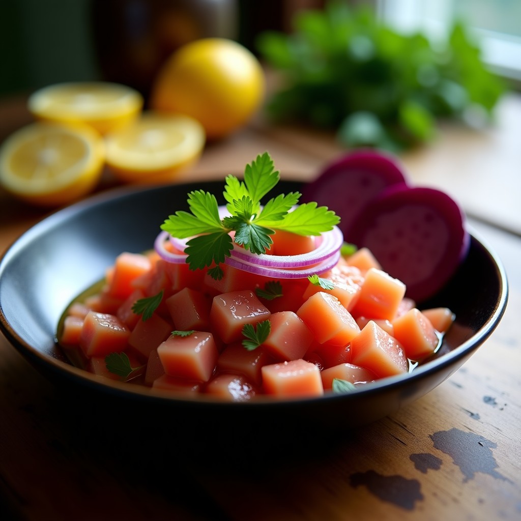 Plato de cebiche de tuna ahumada con limón vertido, servido en bowl de cerámica negra con rodajas de camote morado y hojas de culantro fresco.