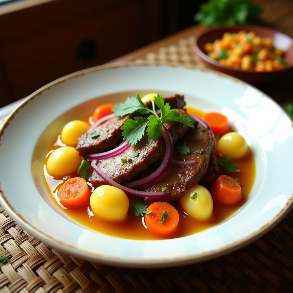Plato tradicional peruano de cebiche escabeche con lomo saltado en vinagre y ají amarillo, acompañado de papas amarillas, cebolla roja y culantro fresco.