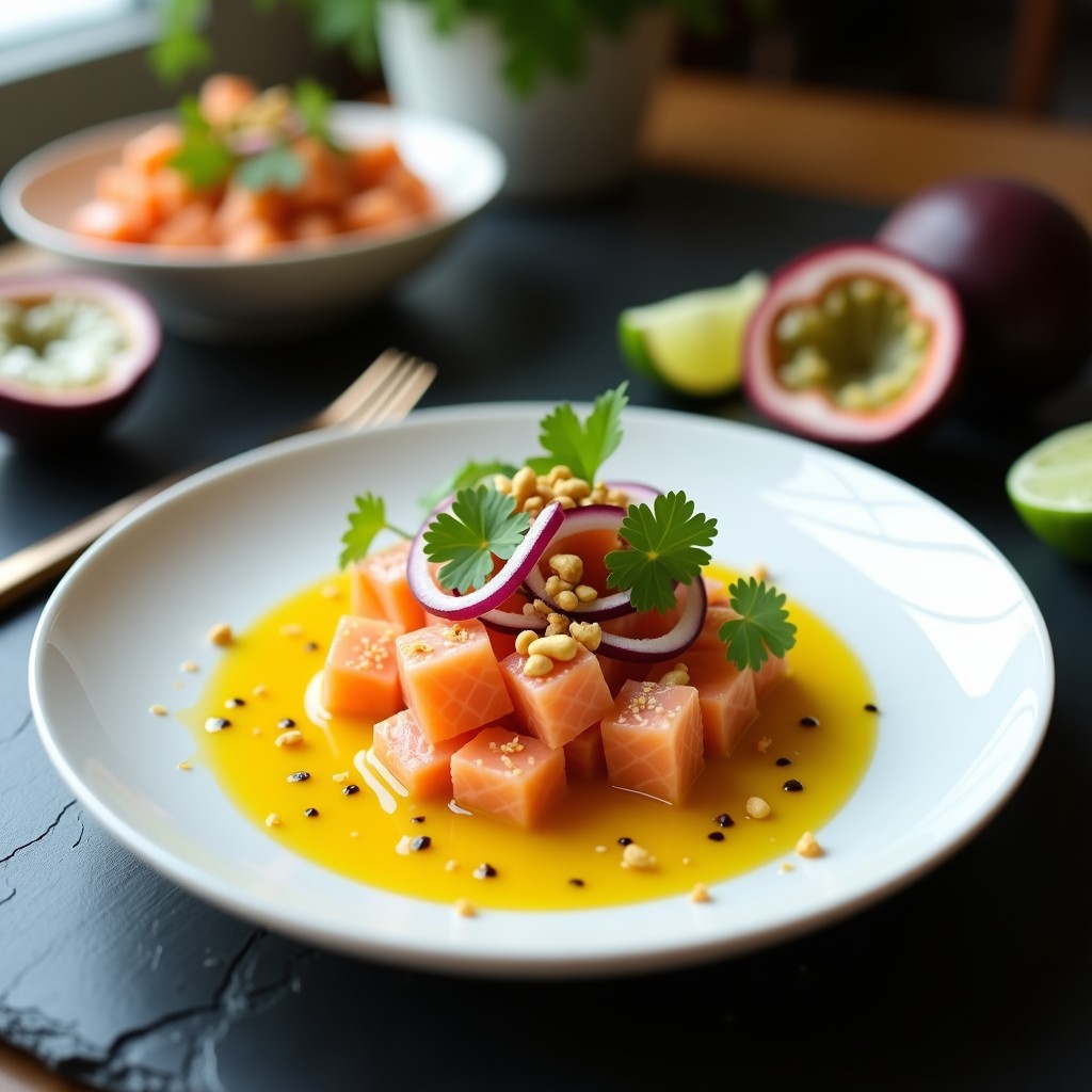 Plato blanco elegante con cebiche Nikkei de salmón ahumado en cubos, marinado en leche de tigre amarillo, decorado con cebolla morada, cilantro fresco, cacahuetes picados y un hilo de aceite de sésamo. Rodajas de maracuyá y limón verde al lado.