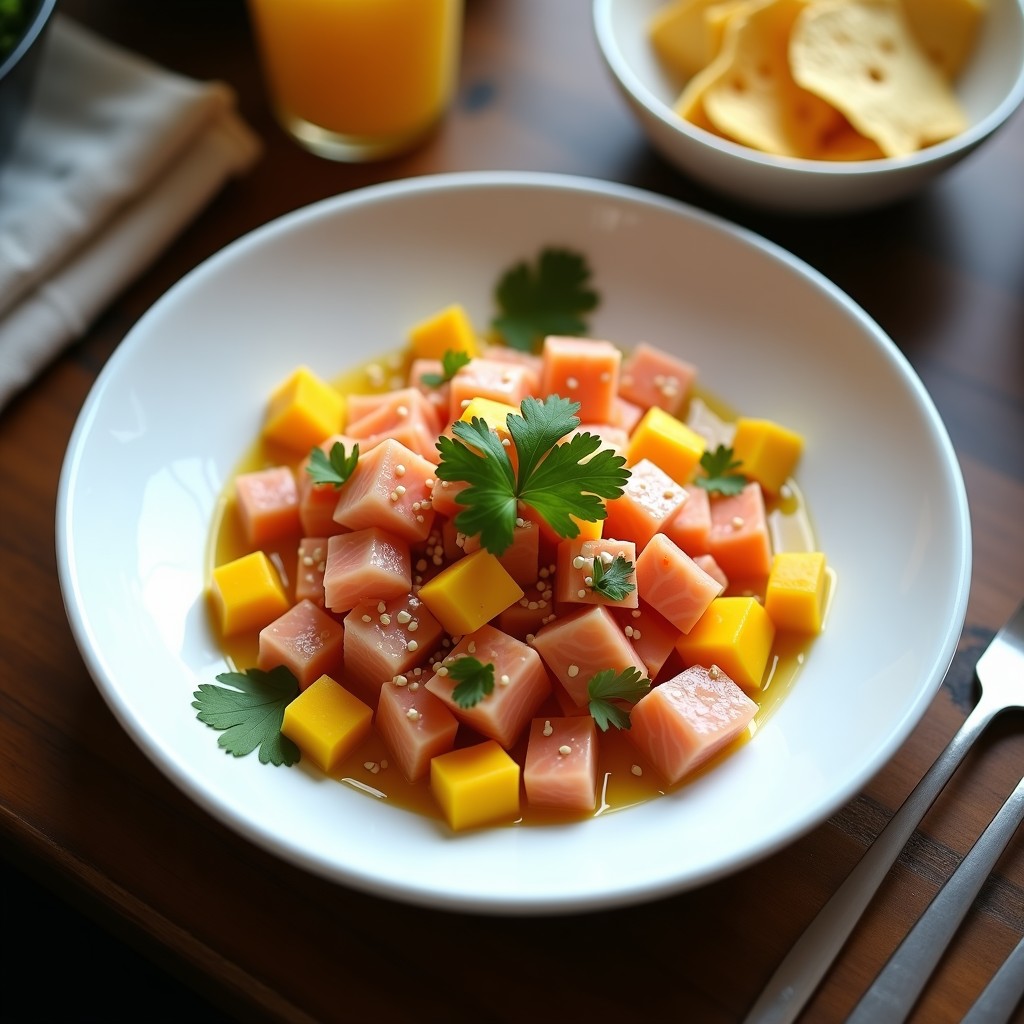 Plato blanco alargado con cebiche Nikkei de salmón y mango, trozos de pescado rosado marinado en leche de tigre, mango amarillo, cebolla morada y semillas de sésamo, decorado con cilantro fresco.