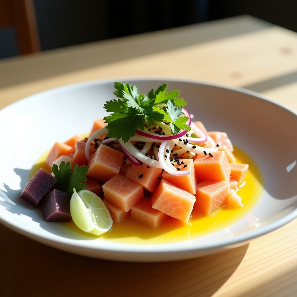Plato de cebiche nikkei de salmón fresco en cubos, marinado en leche de tigre cremosa con toques de jengibre y wasabi, decorado con semillas de sésamo, rodajas de apio y camote morado sobre hojas de shiso.