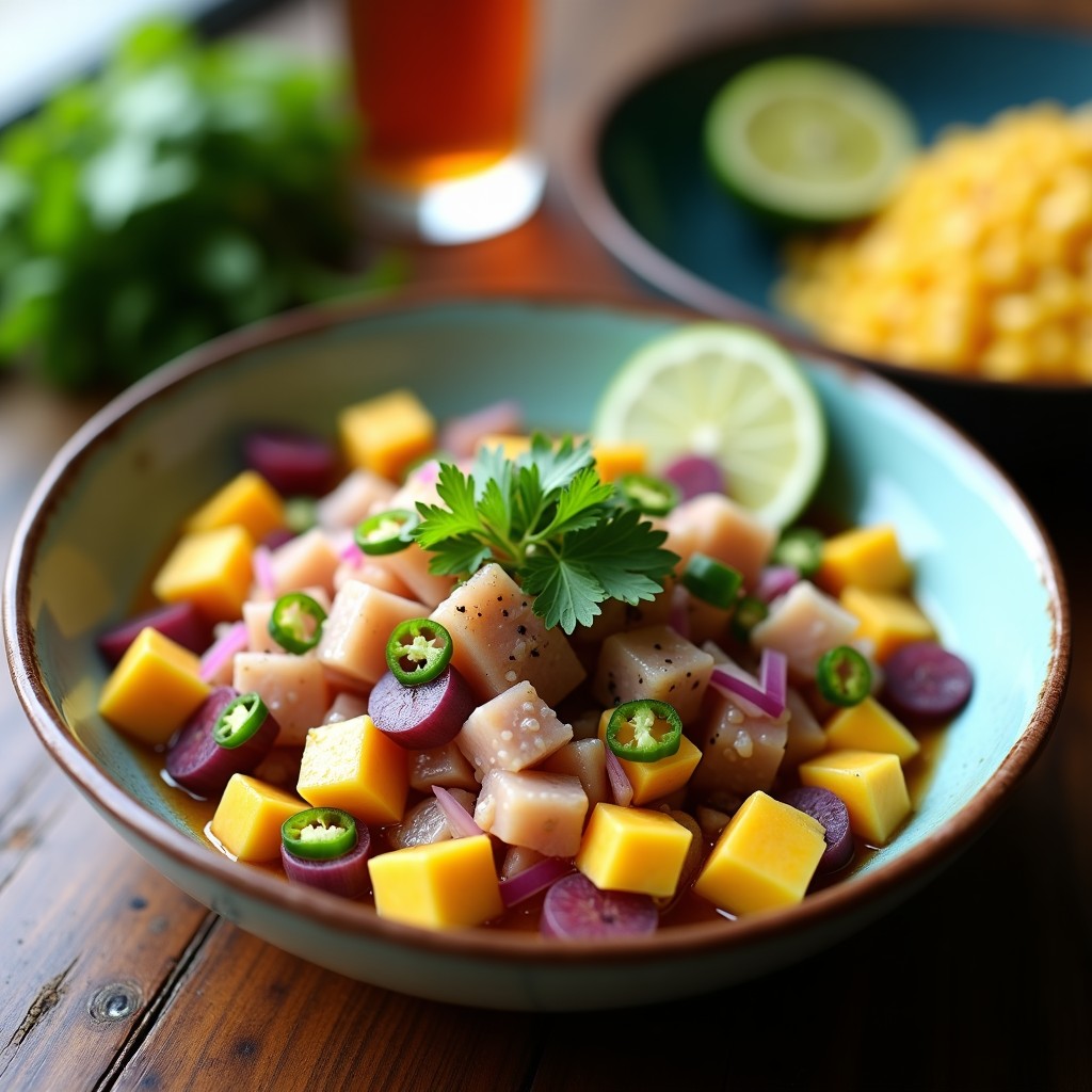 Plato de ceviche peruano auténtico con trozos de corvina fresca marinados en jugo de limón verde, ají limo, cebolla roja y culantro, acompañado de camote morado y choclo en rodajas.