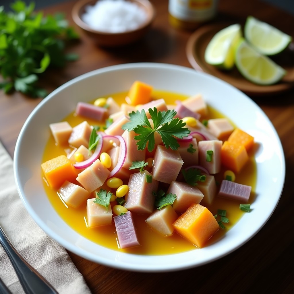Plato hondo de cerámica blanca con cebiche peruano de atún fresco marinado en leche de tigre, rodeado de rodajas de paleta amarilla, camote morado, maíz tierno y hojas de lechuga, decorado con cilantro fresco.
