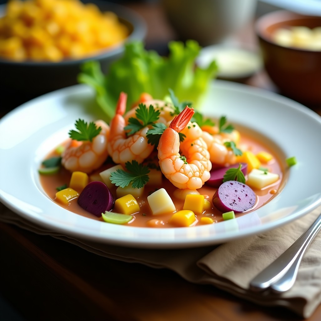 Plato hondo de cerámica blanca con cebiche de camarón y langostino marinado en leche de tigre, decorado con rodajas de batata morada, granos de maíz amarillo y hojas de lechuga romana, acompañado de cilantro fresco y trozos de apio.