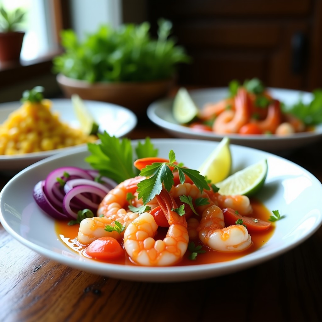 Cebiche peruano de camarón y langostino servido en plato hondo blanco con rodajas de camote morado, cancha serrana y culantro fresco, receta tradicional alta en proteína.