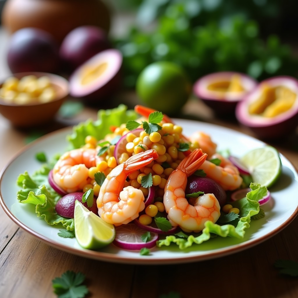 Plato de cebiche peruano con camarones rosados marinados en jugo de limón y maracuyá, acompañado de cebolla morada, maíz amarillo, camote morado y culantro fresco sobre hoja de lechuga.
