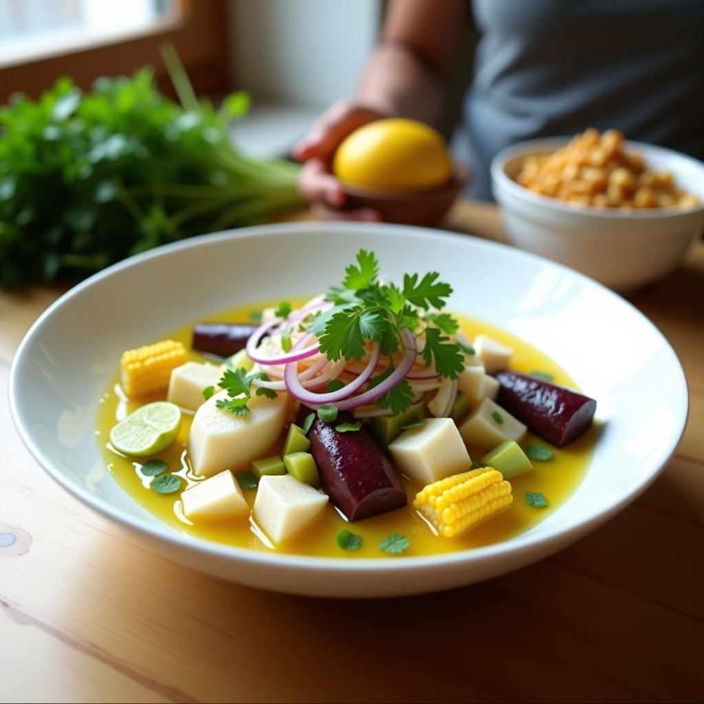 Plato hondo de cerámica blanca con cebiche peruano: trozos de corvina marinado en leche de tigre, cebolla roja, cilantro, camote morado y choclo. Acompañado de cancha serrana y decorado con hojas de cilantro fresco.
