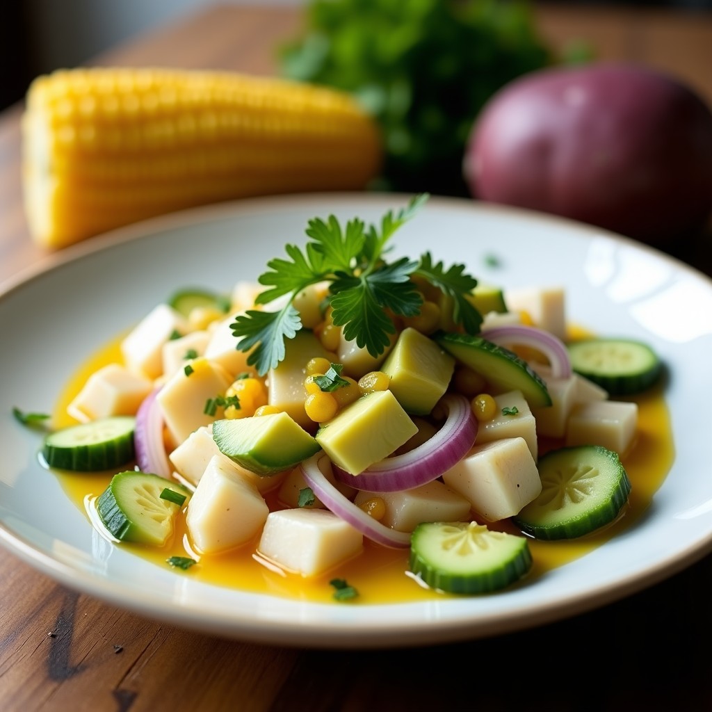 Plato hondo de cerámica blanca con cebiche peruano fresco: trozos de corvina marinados en leche de tigre, mezclados con palta en cubos, pepino en medias lunas y cebolla roja. Acompañado de rodajas de camote morado y choclo. Decorado con hojas de cilantro fresco.