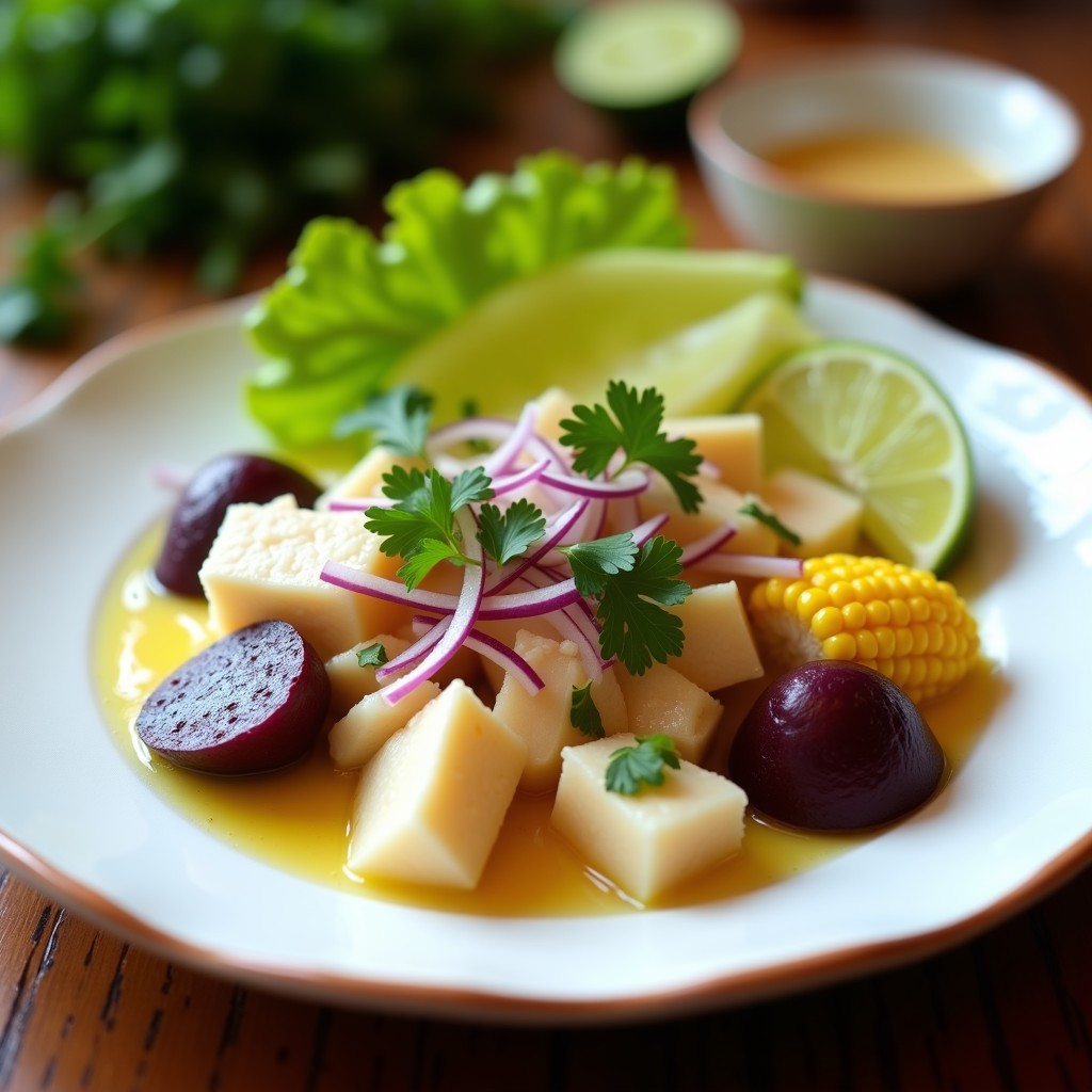 Plato de cebiche peruano autentico con filetes de corvina marinados en leche de tigre, acompañado de camote morado, choclo y hojas de lechuga sobre un plato blanco rústico.