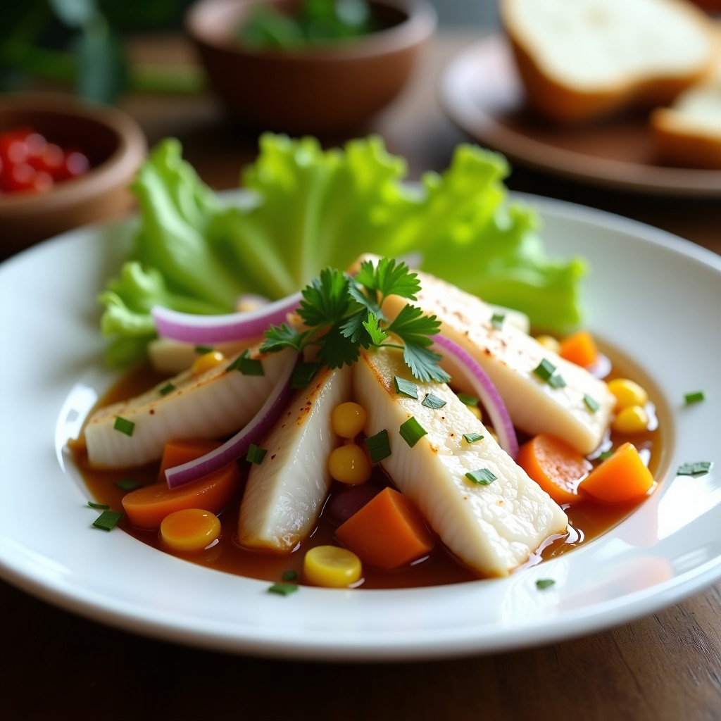 Plato blanco con cebiche peruano de lenguado en airfryer, trozos de pescado blanco marinado en limón, cebolla morada, ají limo y cilantro, acompañado de camote morado, choclo y hojas de lechuga sobre fondo rústico.
