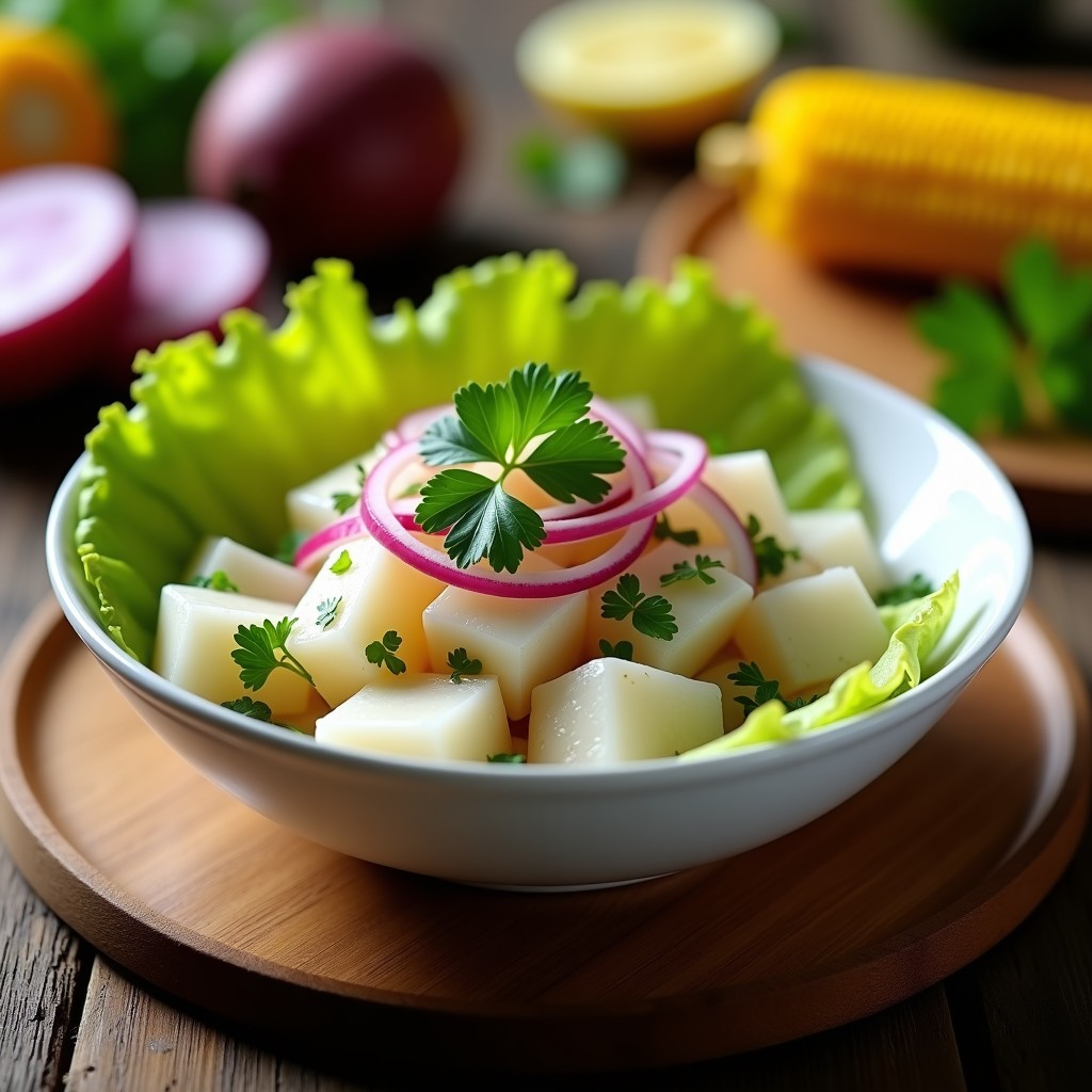 Plato hondo de cerámica blanca con cebiche peruano de lenguado, trozos de pescado marinado en limón, cebolla roja, cilantro fresco, acompañado de camote morado, choclo y lechuga.