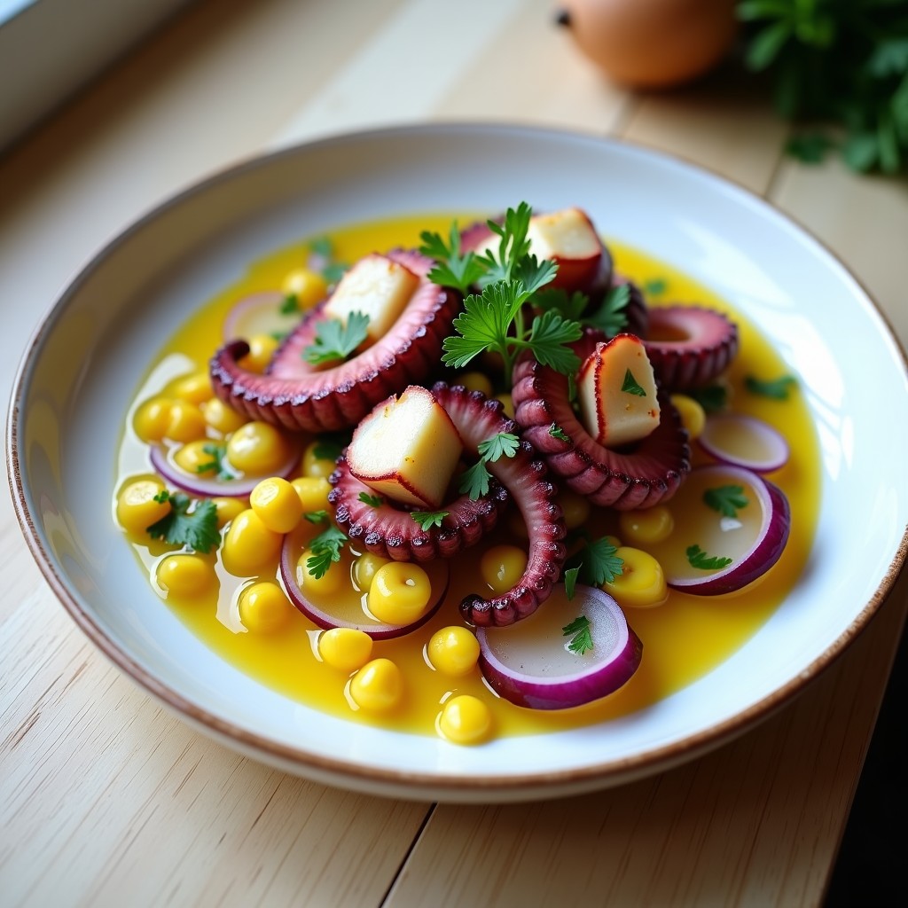 Plato de cebiche de pulpo con trozos tiernos de pulpo marinado en leche de tigre, acompañado de rodajas de camote morado, maíz y cilantro fresco, servido en plato blanco rústico.