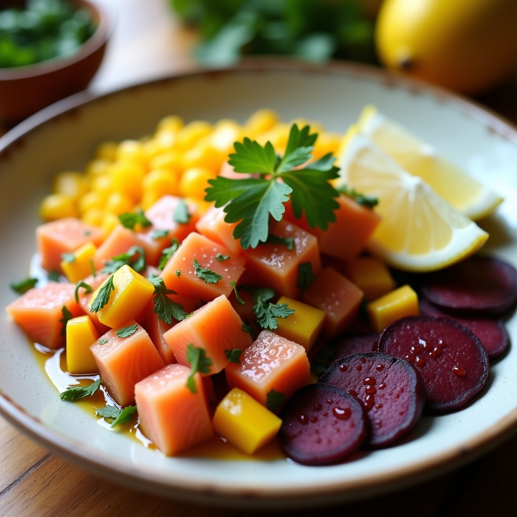Plato de cebiche peruano de salmón fresco y mango ahumado, con trozos de salmón rosado, mango dorado, cebolla morada, cilantro y ají limo, acompañado de rodajas de camote morado y maíz tierno sobre un plato blanco rústico.