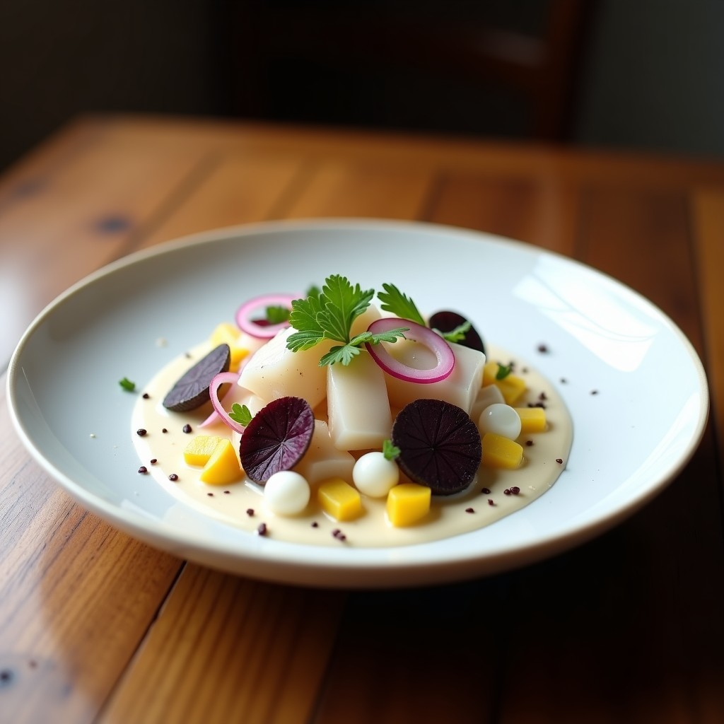 Plato hondo de cerámica blanca con cebiche peruano trufado, filetes de corvina marinados en leche de tigre cremosa, decorado con láminas de trufa negra, rodajas de camote morado, granos de choclo y pimienta rosa.