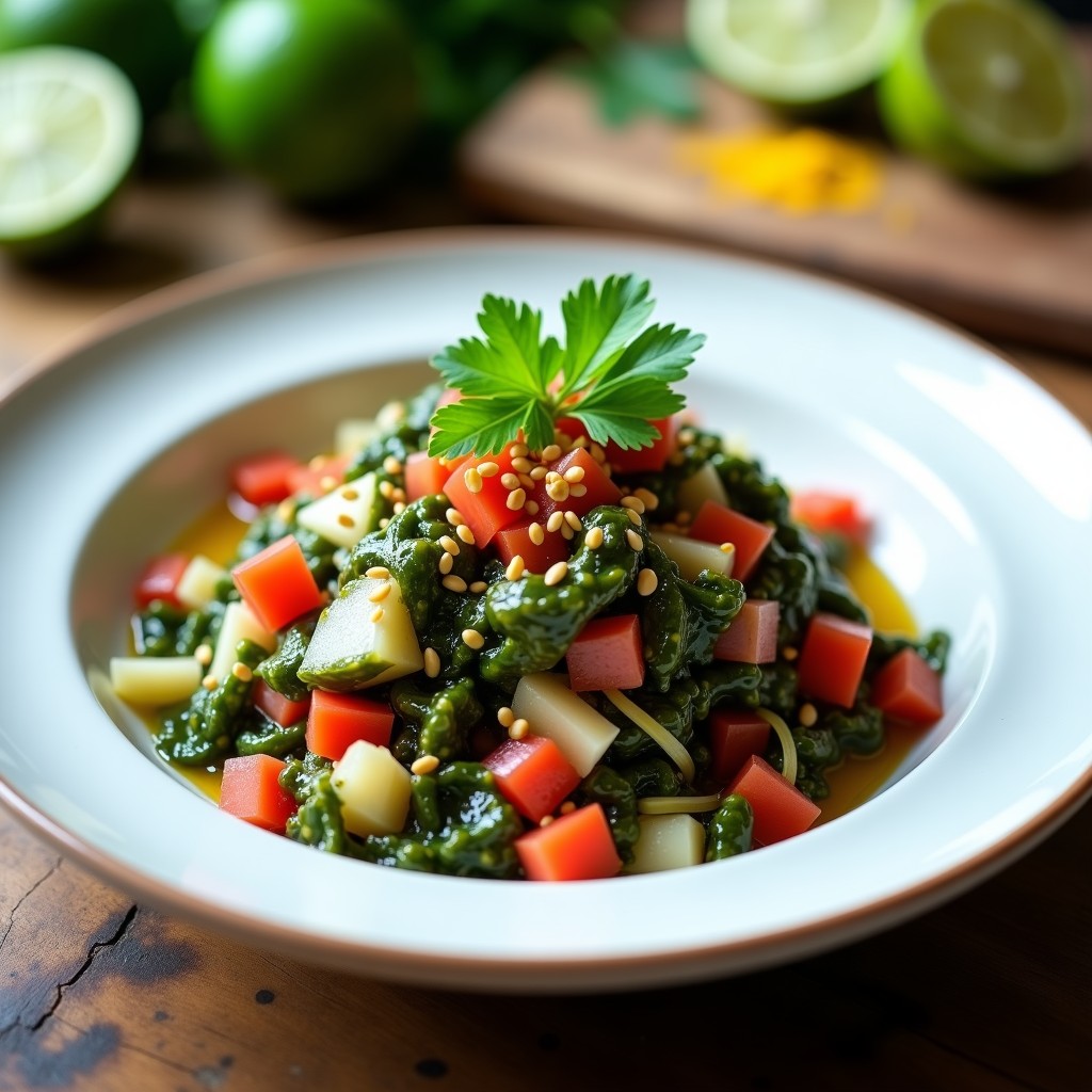 Ceviche vegano peruano en plato blanco con algas wakame marinadas, cebolla morada, tomate, pimiento y semillas de sésamo espolvoreadas, acompañado de limón y cilantro fresco.