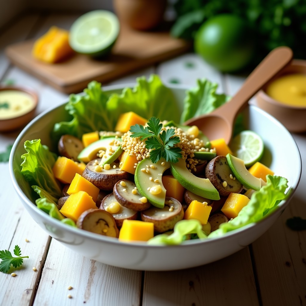 Plato colorido de cebiche vegano peruano con corazones de alcachofa, champiñones portobello, mango, aguacate y maíz tostado sobre hojas de lechuga romana, decorado con semillas de sésamo y cilantro fresco.