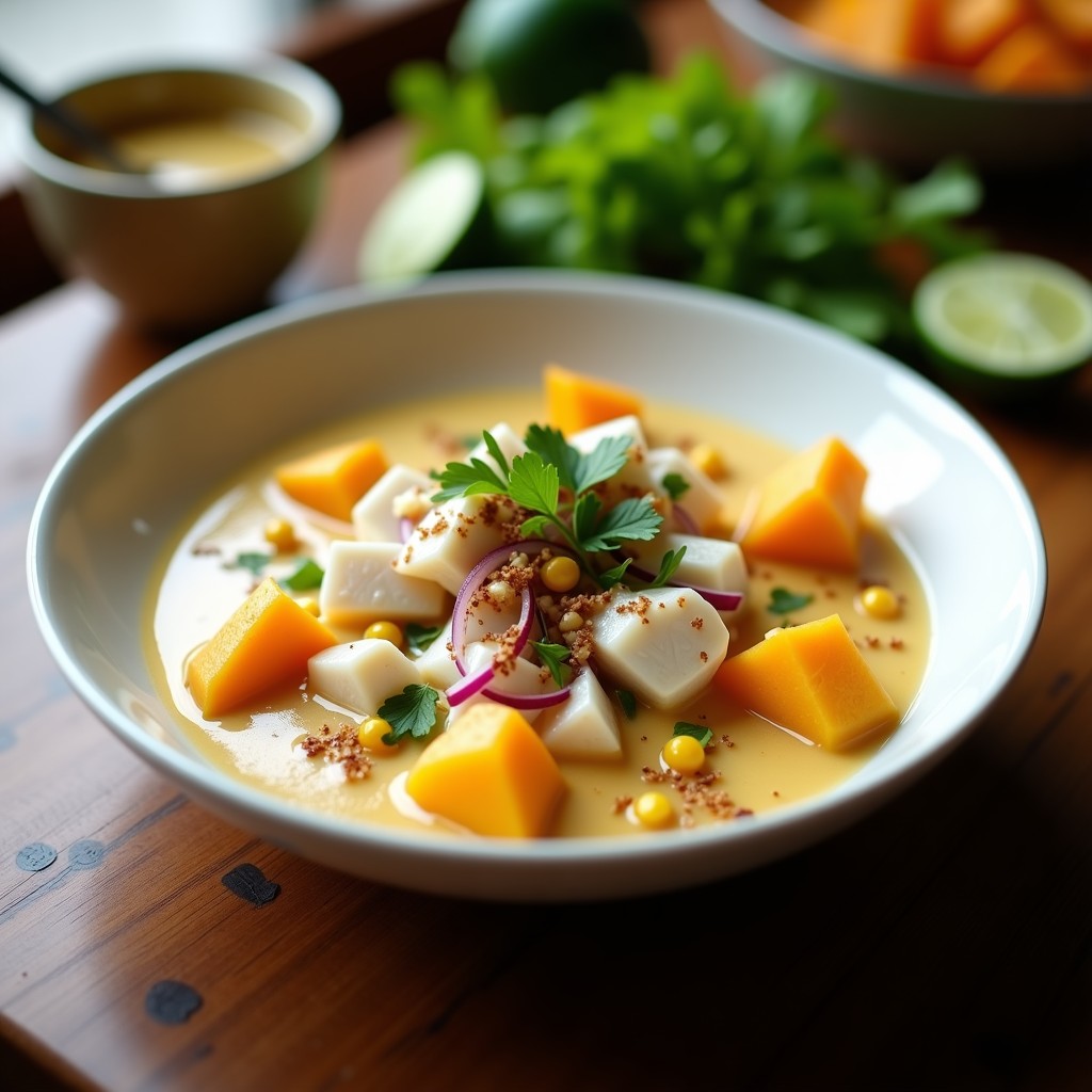Plato de cebiche de pescado blanco marinado en leche de tigre cremosa, con rodajas de camote, maíz tostado y culantro fresco, servido en plato hondo de cerámica blanca.
