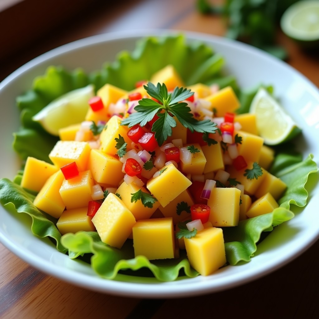 Plato blanco con cebiche de piña y mango servido sobre hojas de lechuga, espolvoreado con maíz tostado y decorado con cilantro fresco.