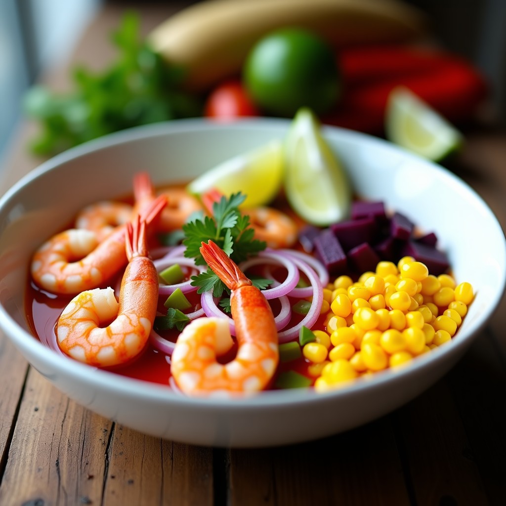 Plato hondo de cerámica blanca con cebiche de camarón y langostino al estilo Piura, marinado en leche de tigre con rodajas de cebolla roja, culantro, camote morado, choclo y cancha serrana.