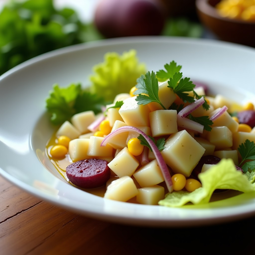 Plato hondo blanco con cebiche de chirimoya piurana: trozos de corvina marinada en limón sutil, cubos de chirimoya, cebolla roja, culantro y ají limo, acompañado de camote morado y choclo sobre hojas de lechuga.