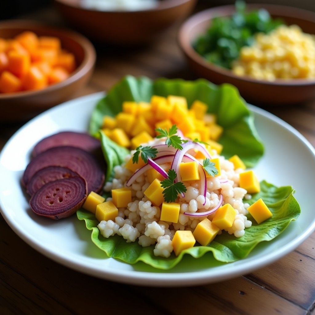 Plato de ceviche piura con trozos de corvina marinada, mango en cubos, cebolla roja, ají limo y culantro, servido sobre hojas de lechuga con camote morado y choclo al lado.