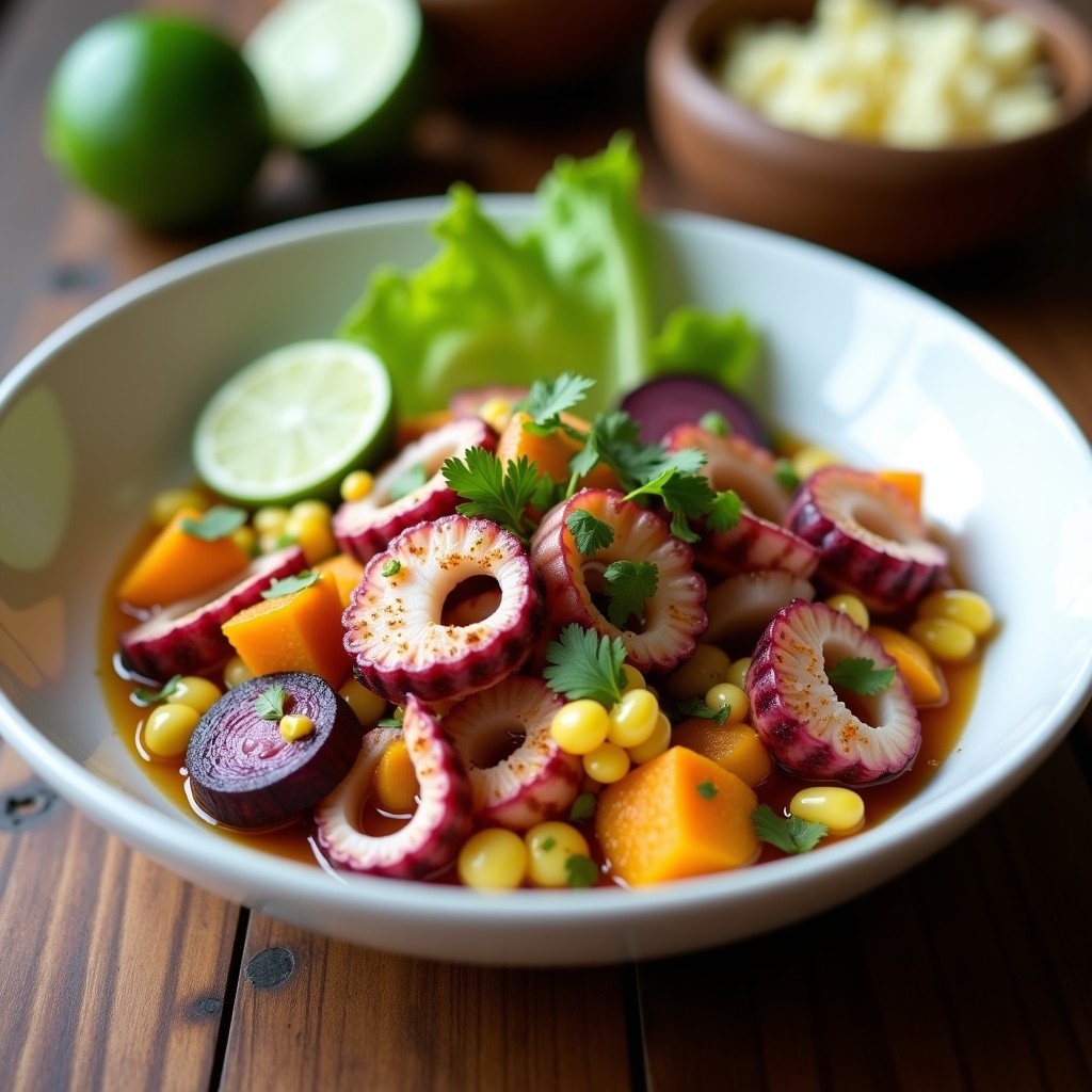 Plato hondo de cerámica blanca con cebiche de pulpo al cítrico en airfryer, trozos de pulpo marinados en jugo de limón y naranja, acompañados de rodajas de camote morado, maíz tierno y hojas de lechuga, decorado con culantro fresco.