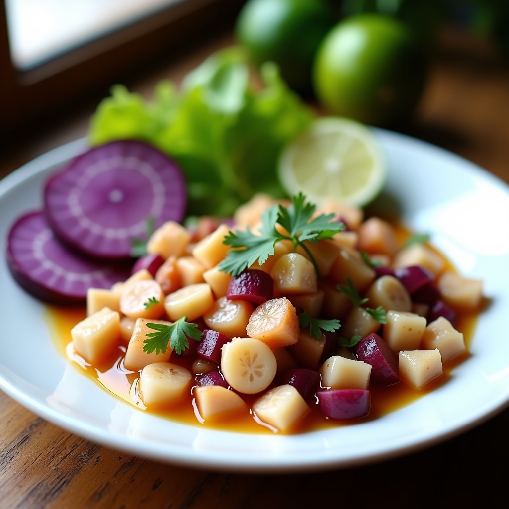 Plato blanco con cebiche de pulpo en trozos, marinado en jugo de lima kaffir y limón, acompañado de rodajas de camote morado y hojas de cilantro fresco.