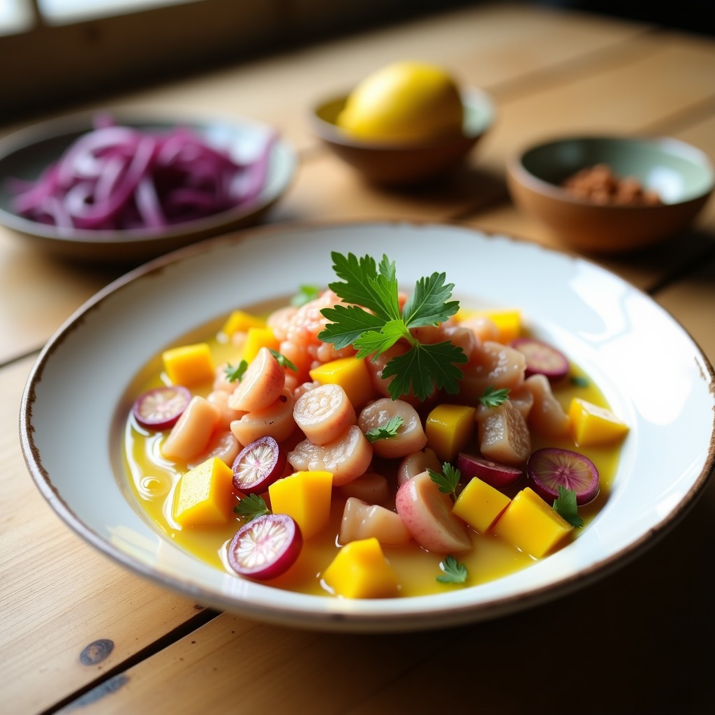 Plato de cebiche de pulpo con trozos de mango amarillo, rodajas de cebolla morada y ají amarillo, decorado con culantro fresco y acompañado de camote morado, receta peruana express.
