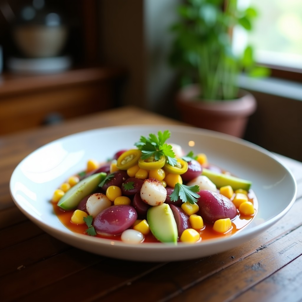 Plato hondo de cerámica blanca con cebiche de pulpo en trozos, palta en cubos, rodajas de camote morado, choclo y cebolla roja, decorado con cilantro fresco y ají amarillo, receta peruana auténtica.