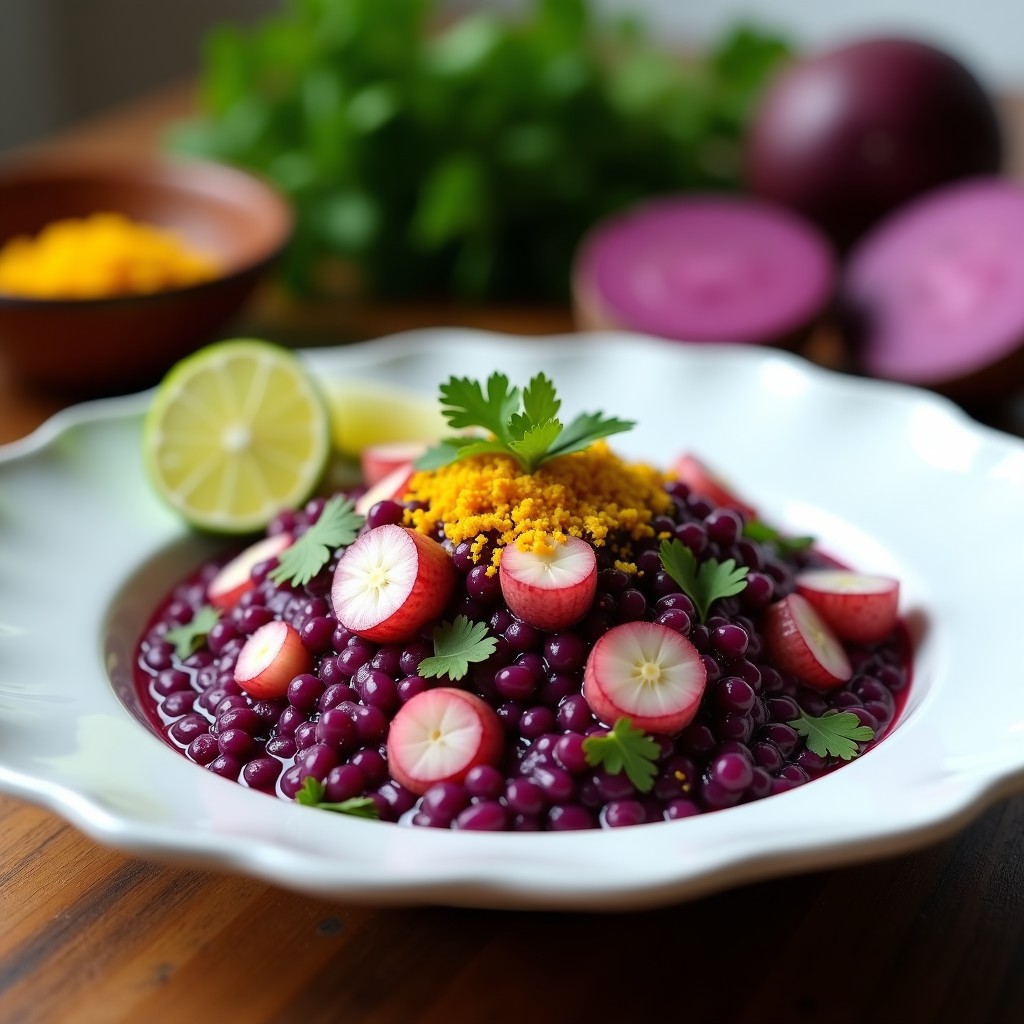 Plato de cebiche de pulpo con choclo morado, rodajas de camote morado y culantro fresco, servido en un plato de cerámica blanca sobre fondo rústico de madera.