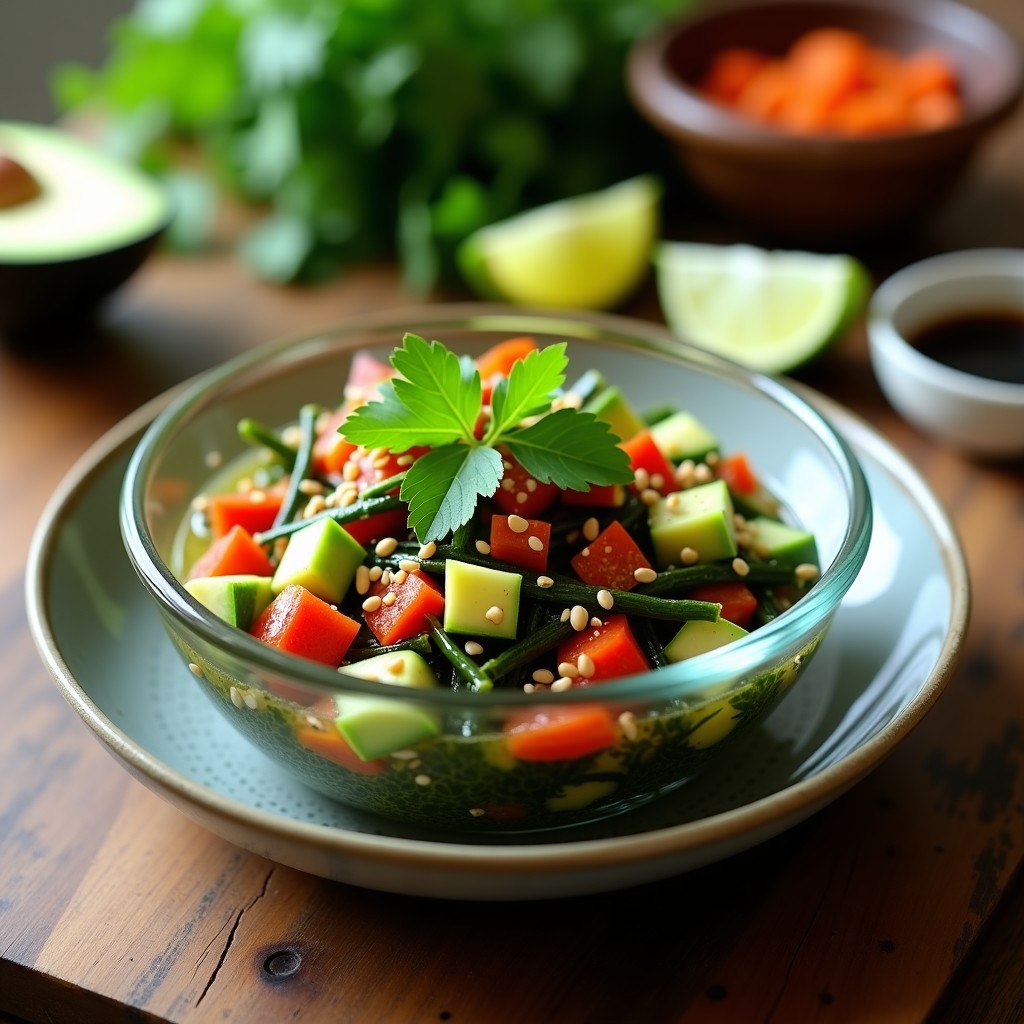 Copa de cristal transparente con cebiche vegano de algas nori, pimiento rojo, pepino, aguacate y semillas de sésamo, decorado con cilantro fresco y rodajas de lima, sobre fondo de madera rústica.