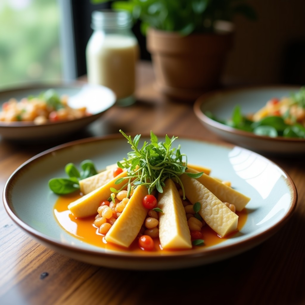 Plato hondo de cerámica blanca con cebiche vegano de tofu marinado en limón, algas nori troceadas, cebolla morada, maíz tierno y cilantro, acompañado de rodajas de camote morado. Receta fresca y marina sin cocción.