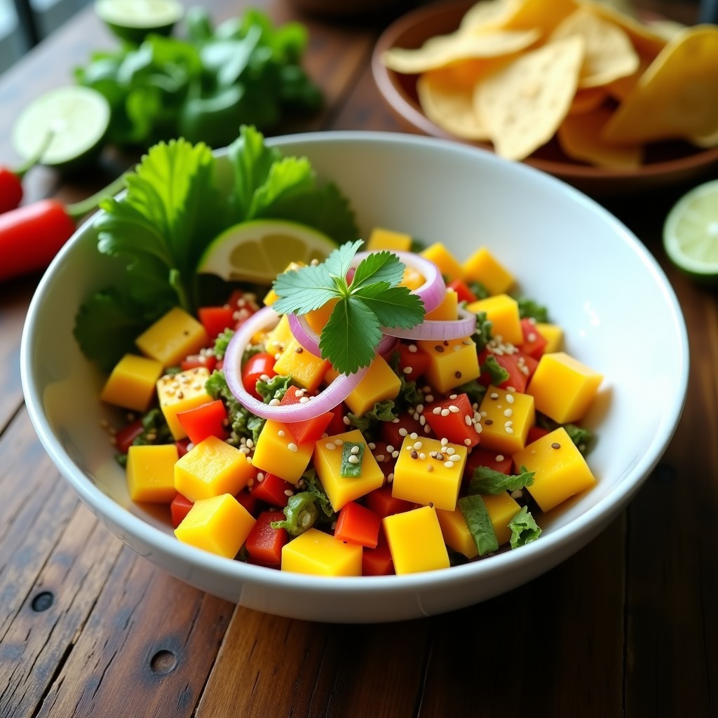 Cebiche vegano de algas wakame y mango servido en un bol de cerámica blanca, con trozos de mango amarillo, algas verdes hidratadas, cebolla morada y semillas de sésamo espolvoreadas. Acompañado de hojas de lechuga y rodajas de limón verde.