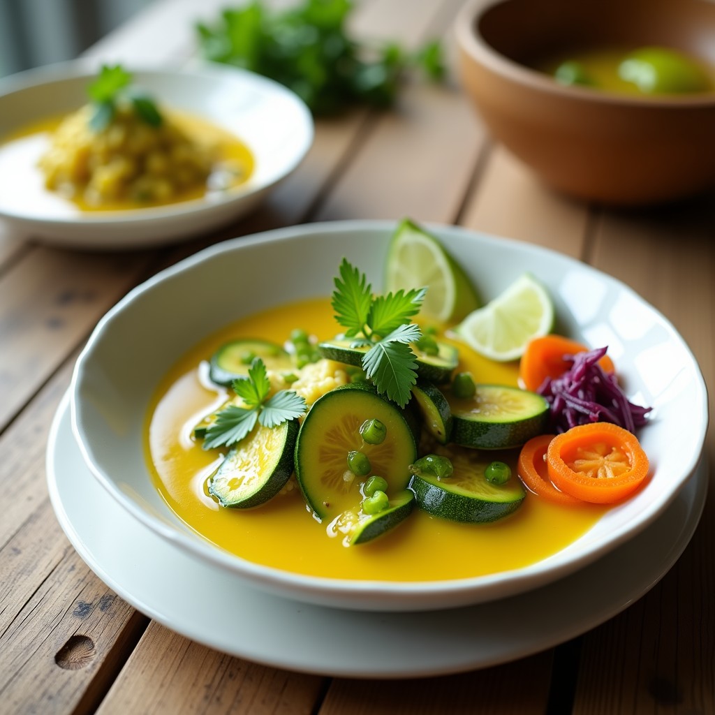 Plato hondo de cerámica blanca con cebiche vegano de calabacita en rodajas finas, marinado en leche de tigre amarilla, acompañado de zanahoria encurtida morada y naranja, cilantro fresco y rodajas de limón verde.