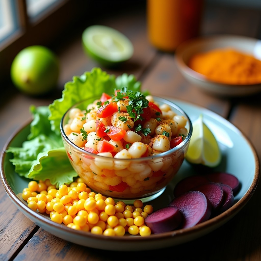 Plato hondo de cristal con cebiche vegano de camarón de soja texturizada, cebolla morada en juliana, tomate rojo en cubos y cilantro fresco, acompañado de rodajas de camote morado y granos de maíz tierno sobre hojas de lechuga romana.