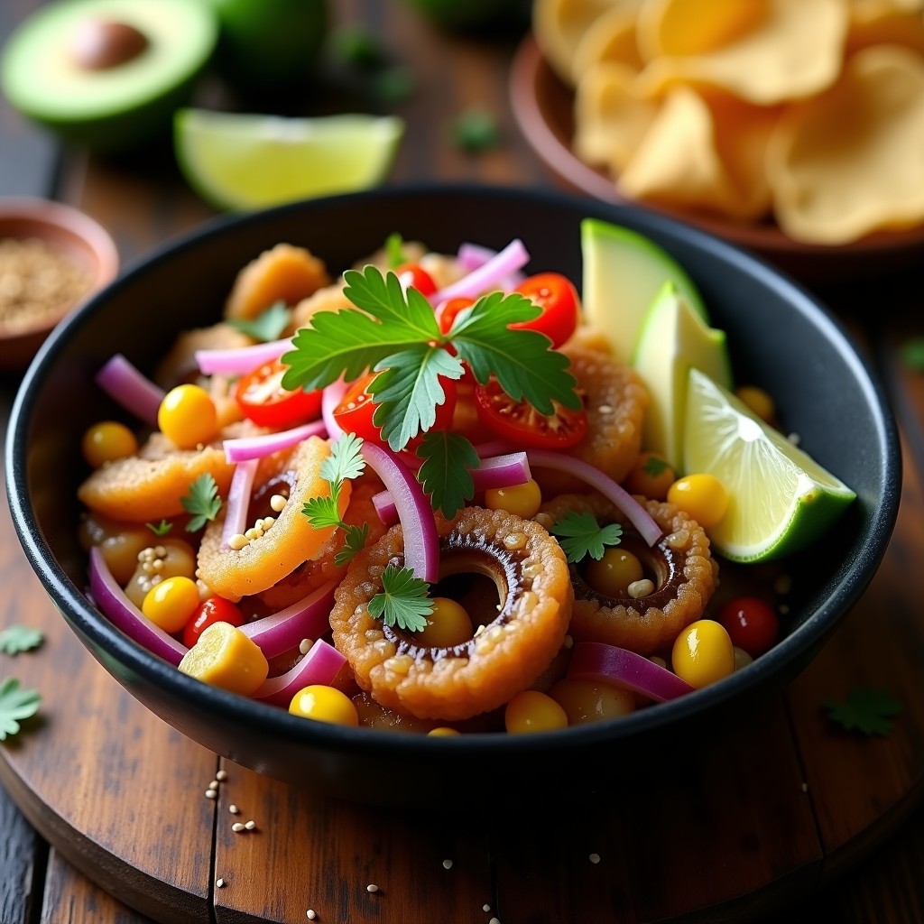Plato hondo de cerámica negra con cebiche vegano de champiñones portobello marinado en leche de tigre cítrico, decorado con cebolla morada, chile rojo, cilantro, aguacate y maíz tostado crujiente.
