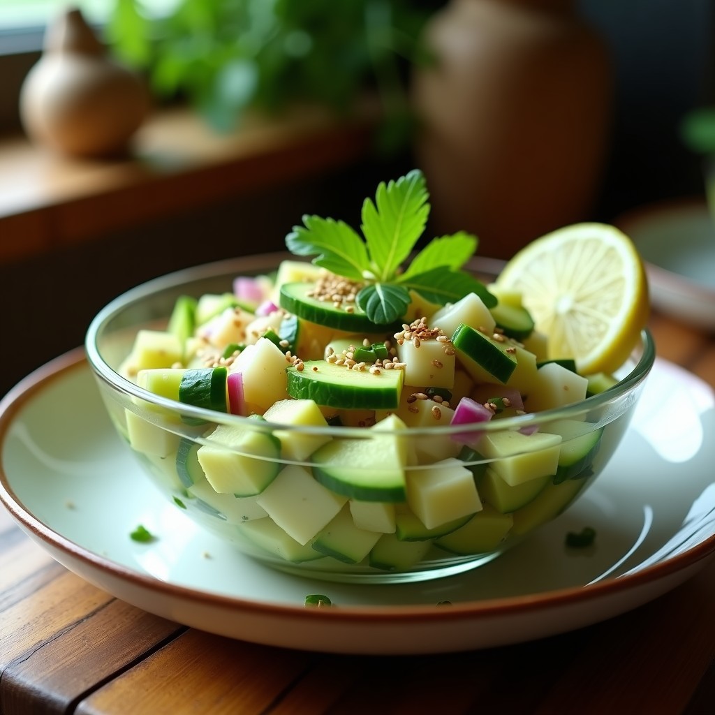 Copa transparente con cebiche vegano de pepino y jengibre, decorado con semillas de sésamo, cilantro fresco y rodajas de lima, sobre fondo rústico de madera.