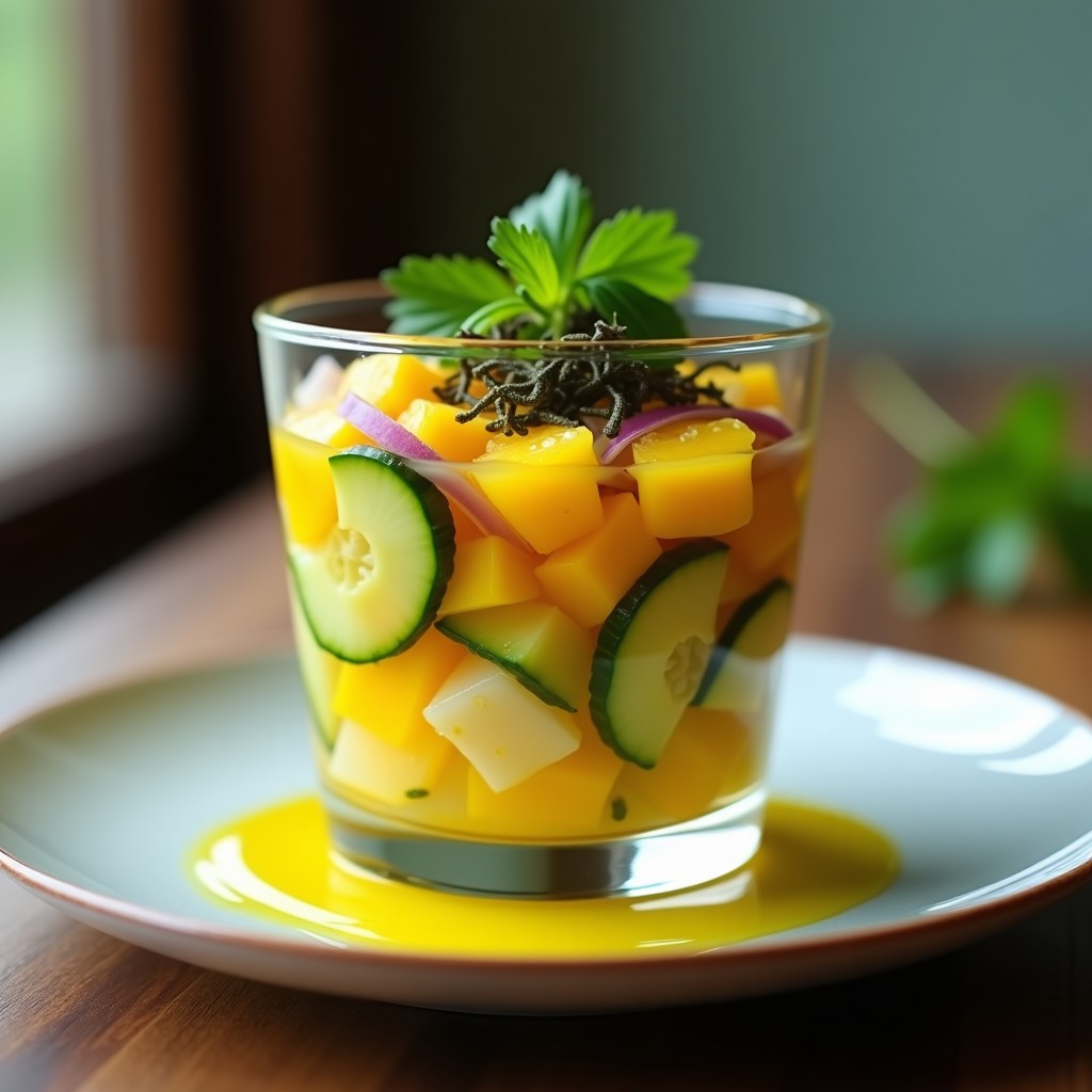 Copa de cristal con cebiche vegano de pepino y mango, bañado en leche de tigre amarilla, decorado con algas nori y cilantro fresco sobre fondo rústico de madera.