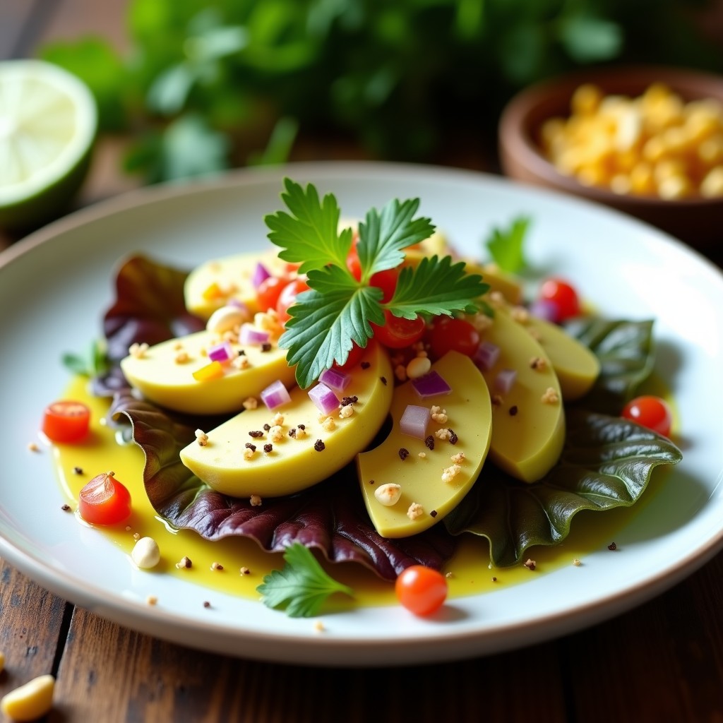 Plato blanco con cebiche vegano de corazón de palma en rodajas, aguacate en láminas, maíz y cilantro, servido sobre hojas de lechuga morada y decorado con anacardos tostados.