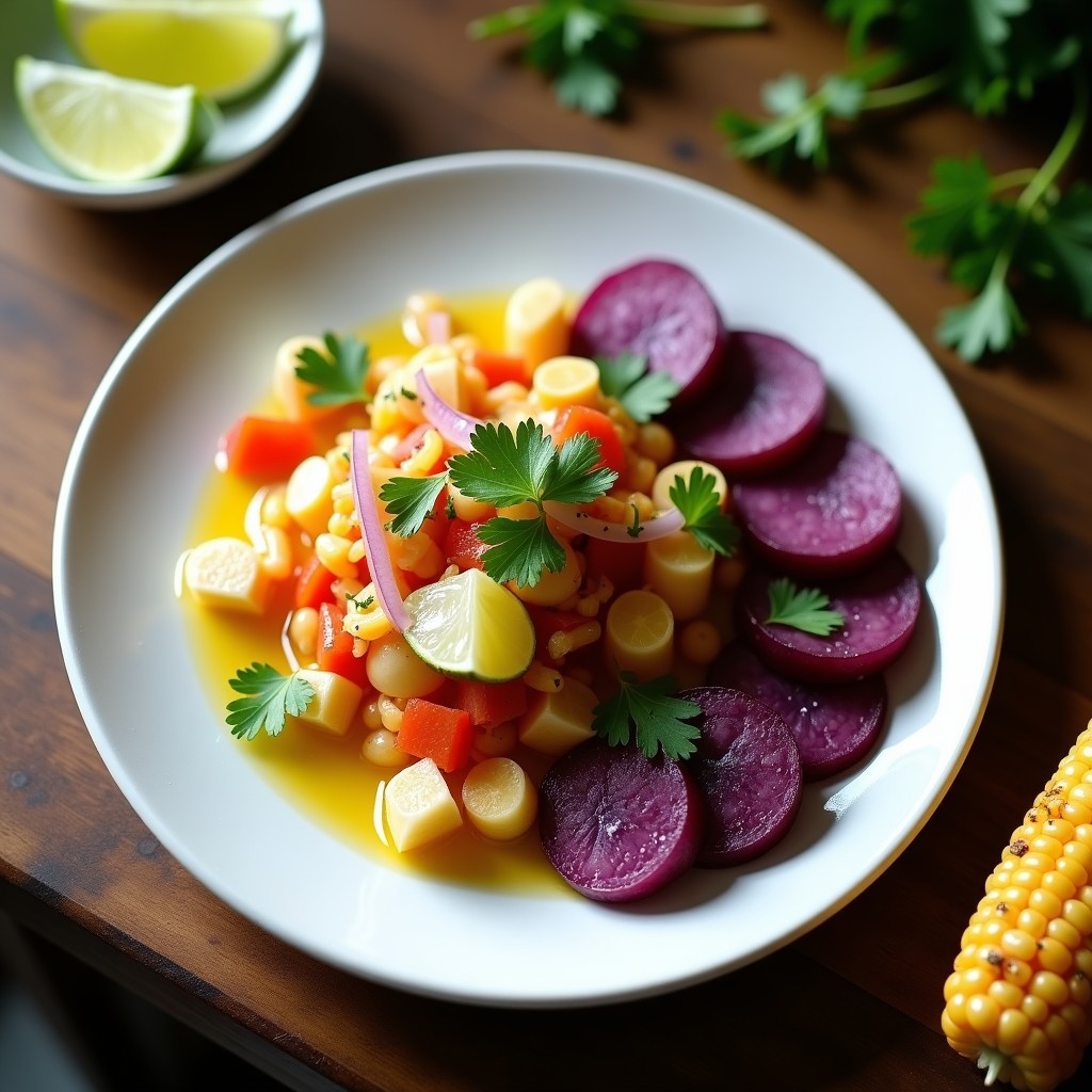 Plato blanco con cebiche vegano de corazón de palma y chonta, marinado en limón y ají amarillo, acompañado de rodajas de camote morado y maíz tostado. Decorado con cilantro fresco.