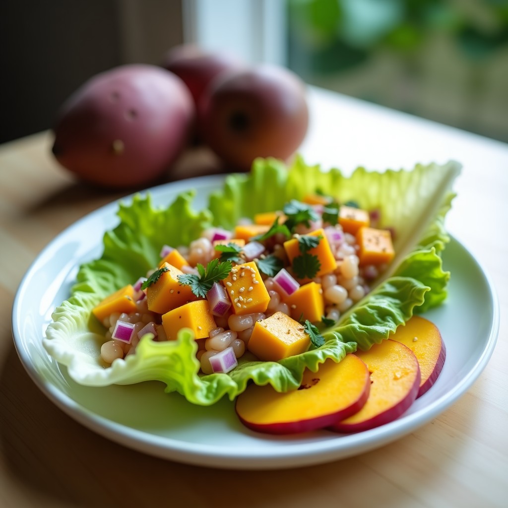 Plato blanco con cebiche vegano de corazón de palma y mango, servido sobre hojas de lechuga romana, acompañado de rodajas de camote morado y espolvoreado con semillas de sésamo tostadas.