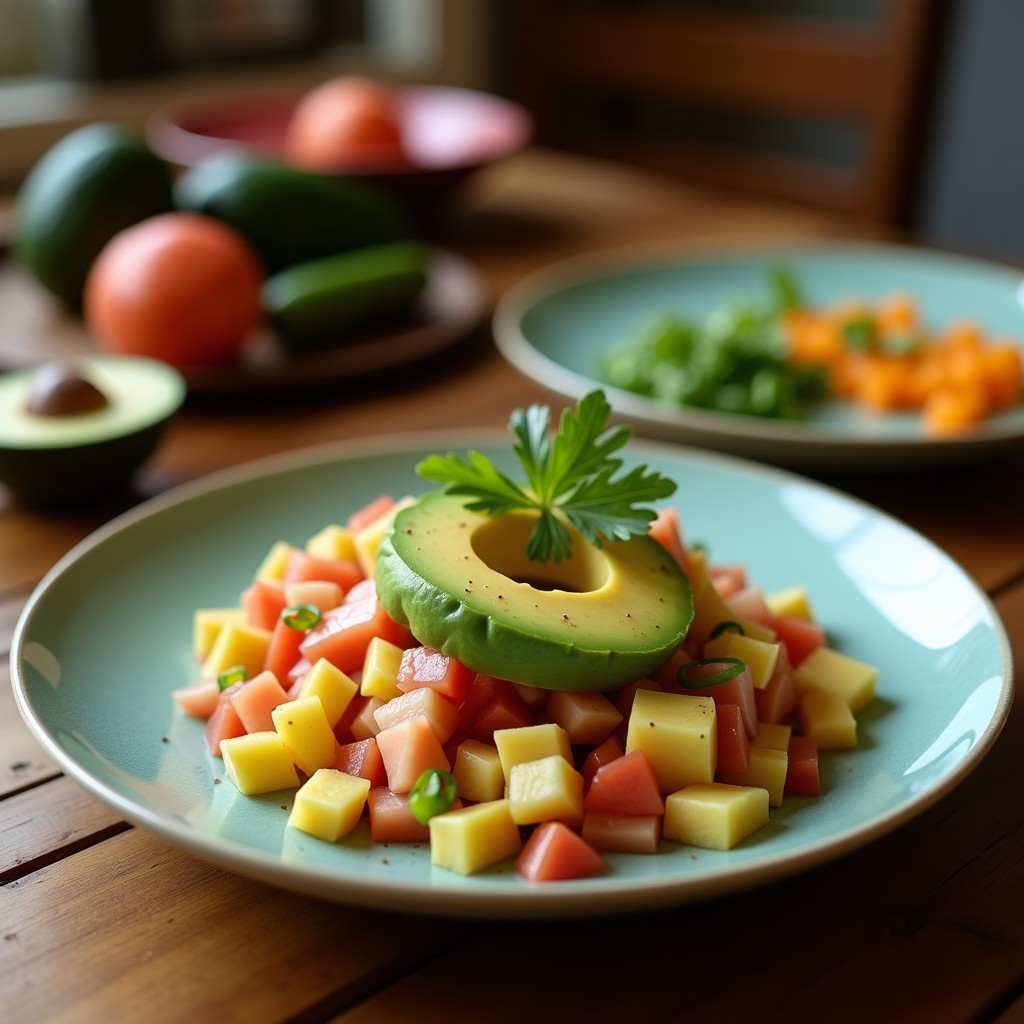 Plato blanco con cebiche vegano de corazón de palmito y aguacate, decorado con maíz tostado y cilantro fresco, sobre fondo rústico de madera.