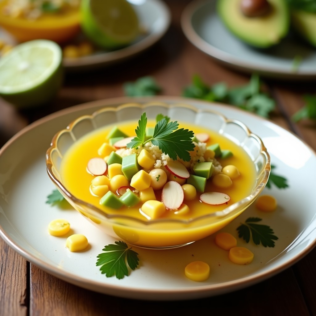 Cebiche vegano de corazón de palmito con maracuyá servido en copa de cristal, con rodajas de limón verde, aguacate en cubos y almendras fileteadas, sobre fondo rústico de madera.