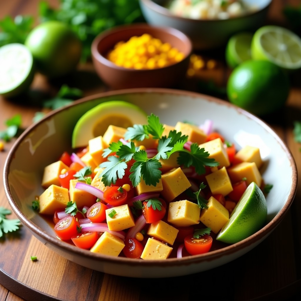 Plato de cebiche vegano con tofu marinado en lima y coriandro, acompañado de maíz, aguacate y cebolla morada, servido en hoja de lechuga.