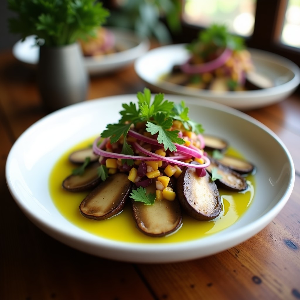 Plato hondo de cerámica blanca con cebiche vegano de champiñones portobello en láminas marinadas en limón y ají amarillo, acompañado de maíz morado, camote morado y cilantro fresco. Receta peruana sin pescado.