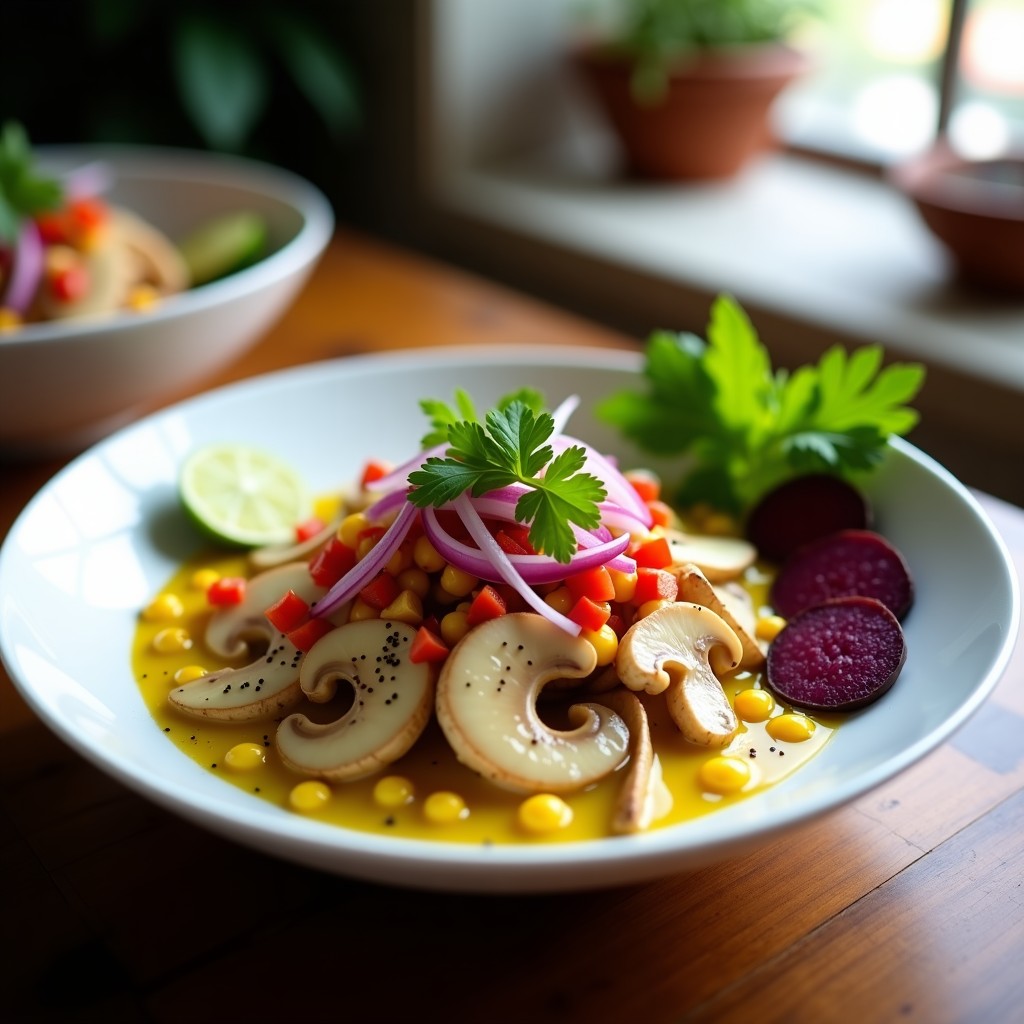 Plato de cebiche vegano de hongos shitake marinado en leche de tigre, con trozos de cebolla morada, cilantro, pimiento rojo y acompañado de maíz tostado y camote morado.