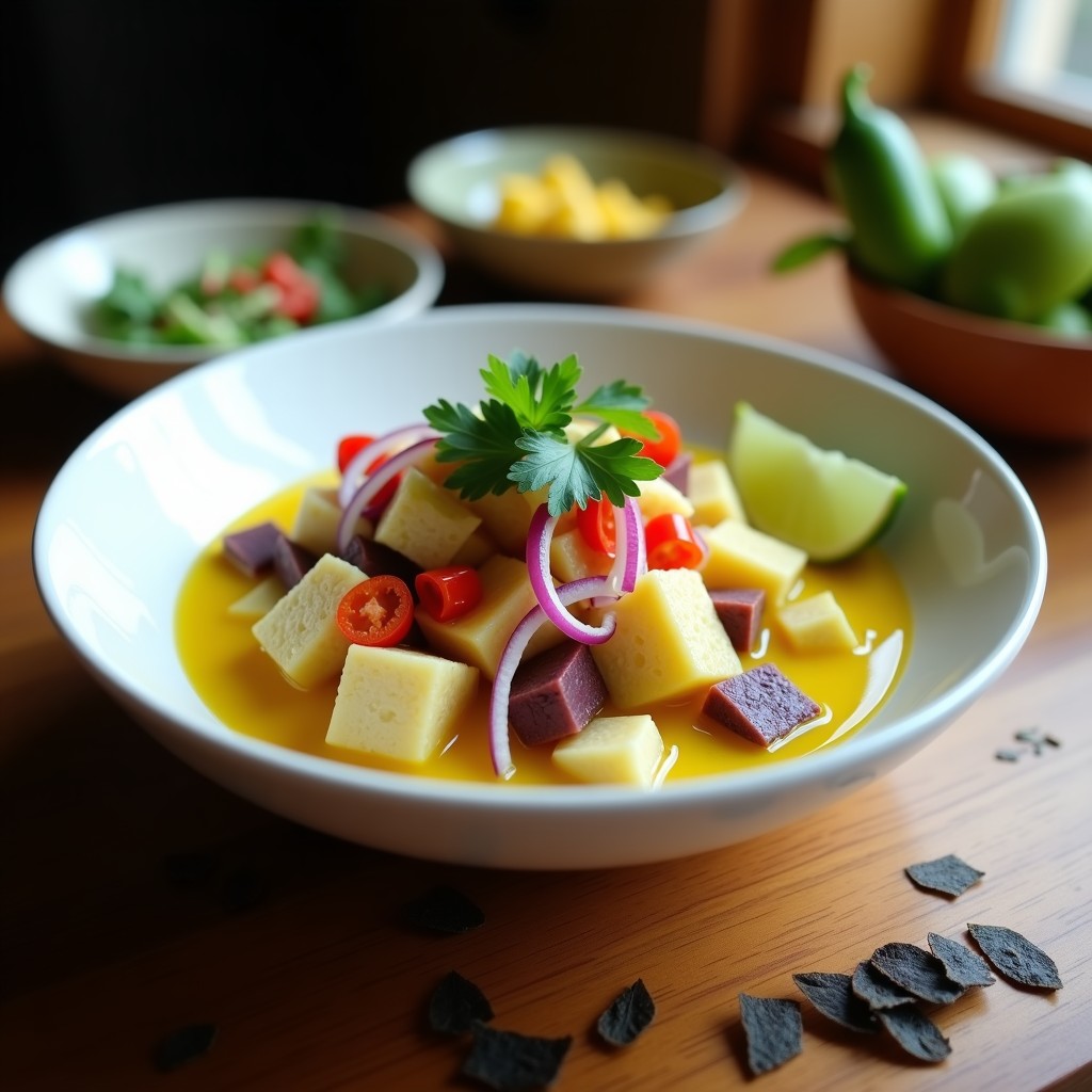 Plato de cebiche vegano de jackfruit con leche de tigre, acompañado de camote morado, maíz tierno y cancha serrana sobre hoja de lechuga, decorado con cilantro fresco.